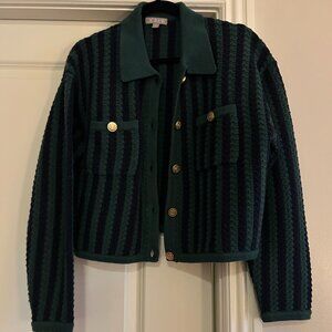 J. Crew Lady Jacket Sweater, Size M, in Green and Navy Chevron Stripe